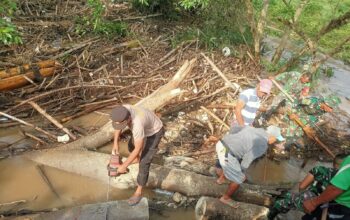 TNI-Polri Di Moyo Hilir Kompak Bersama Masyarakat Gotong Royong Bersihkan Sampah Di Jembatan